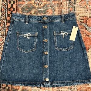 Anthropology NWT  Denim Button-Front A-Line Skirt with Pocket Bow Detail - Blue
